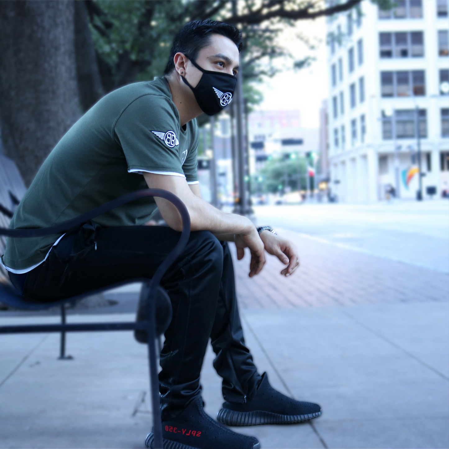 Oversized Elephant Head Tee in Military with White/Black Embroidery