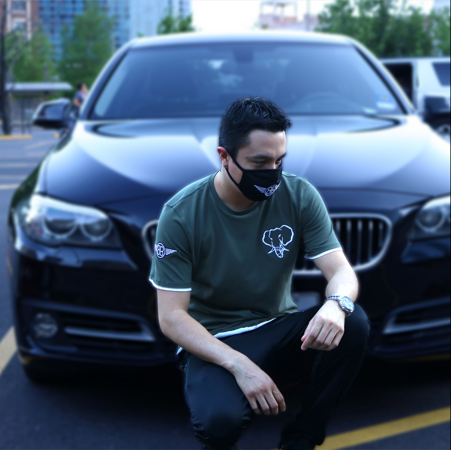 Oversized Elephant Head Tee in Military with White/Black Embroidery