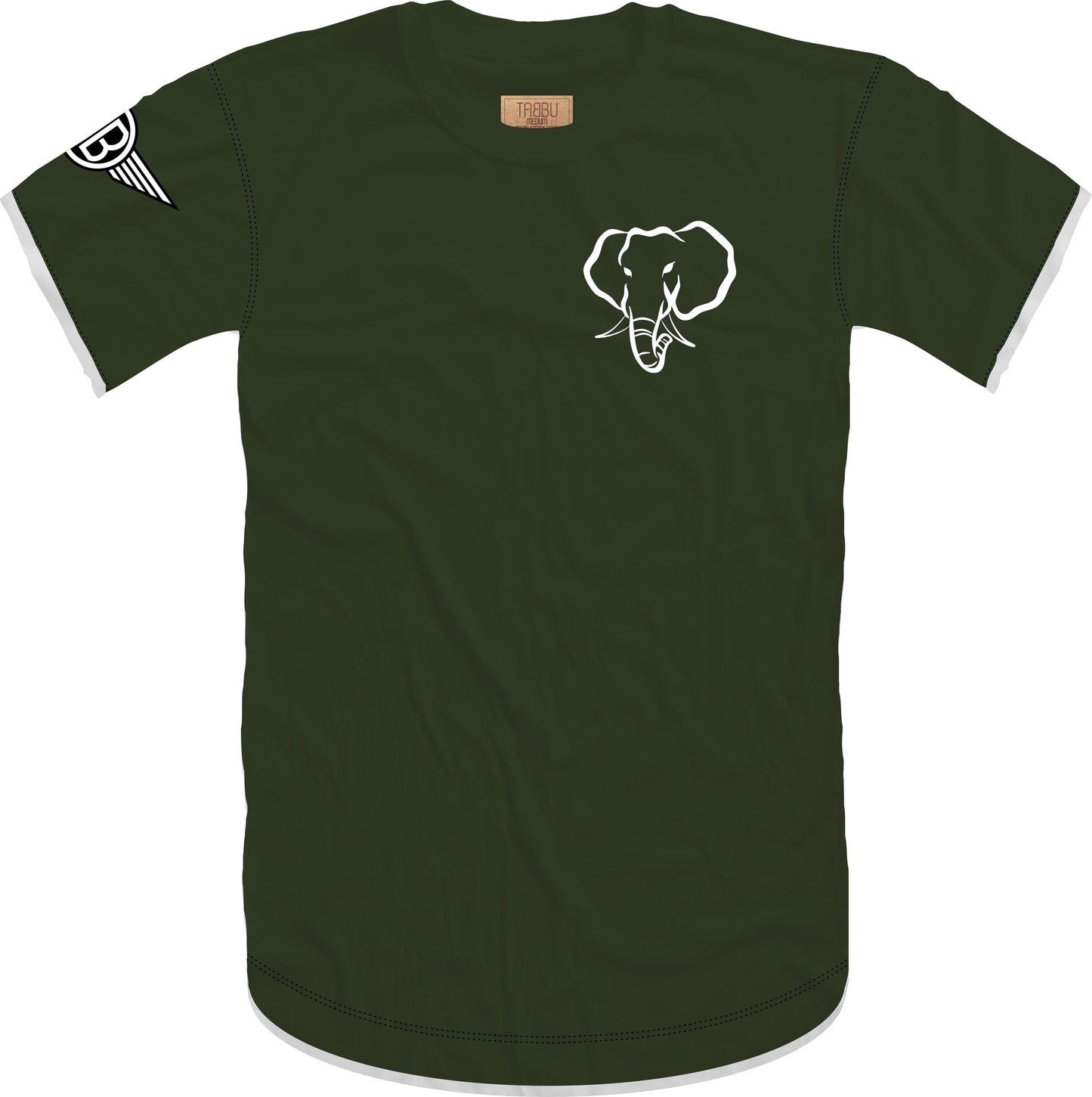 Oversized Elephant Head Tee in Military with White/Black Embroidery