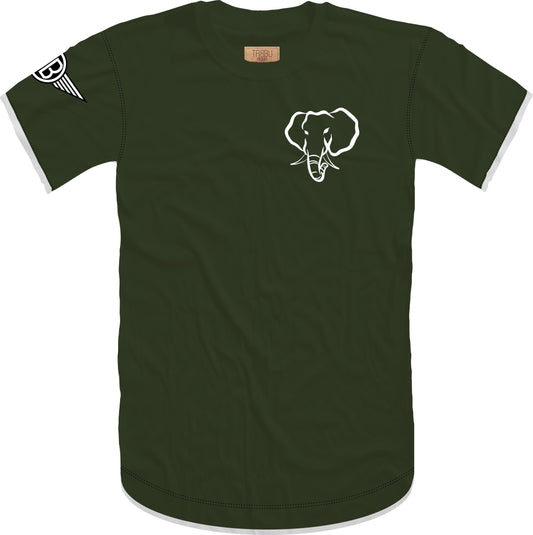 Oversized Elephant Head Tee in Military with White/Black Embroidery