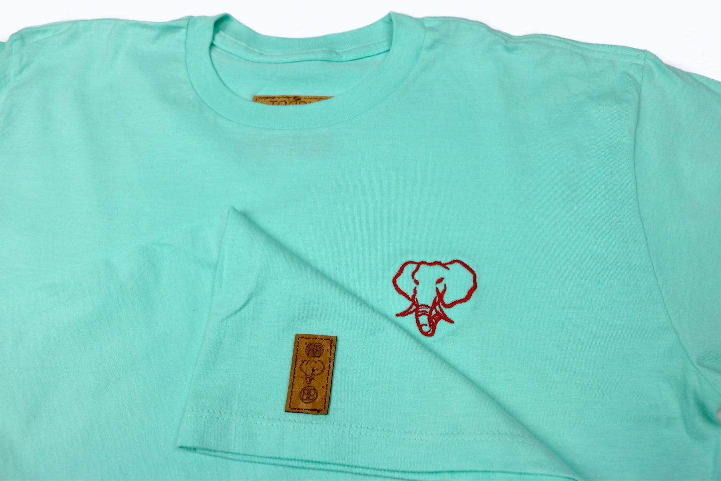 Elephant Head Crewneck Tee in Celadon with Red Embroidery