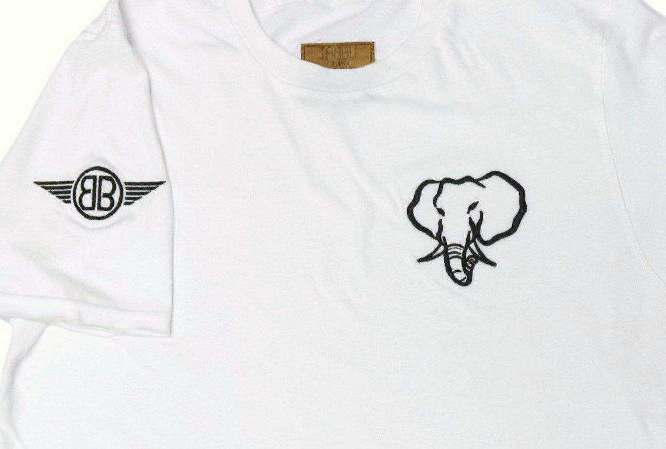 Oversized Elephant Head Tee in White with Black Embroidery